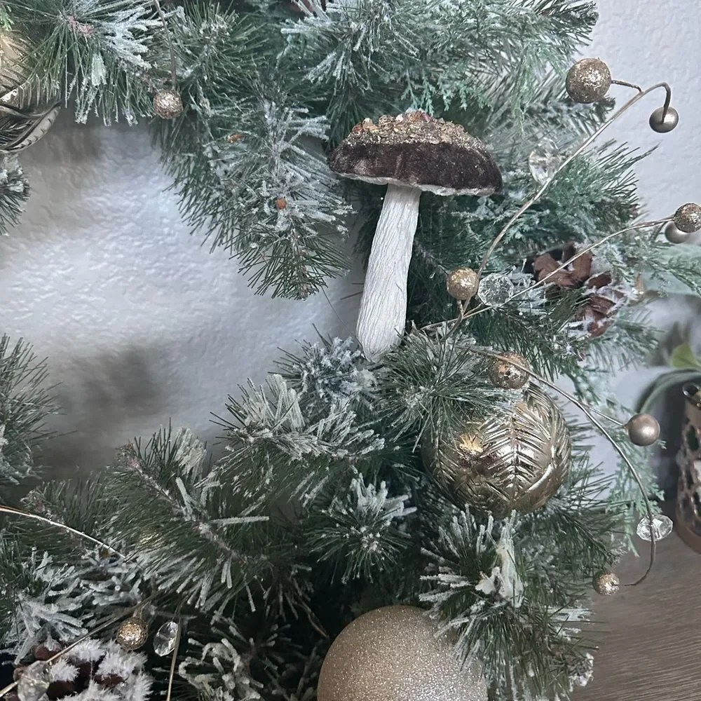 Velvet Sequin Mushroom & Glitter Berry Flocked Christmas Holiday Wreath